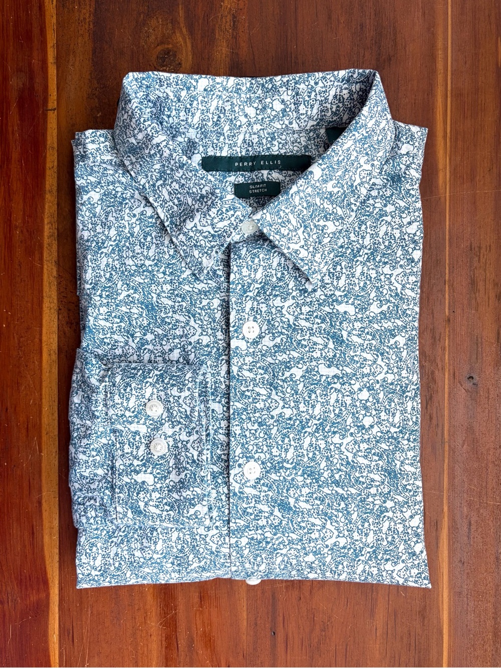 Perry Ellis Slim Fit Stretch Point Collar Long Sleeve Geo-Print Dress Shirt